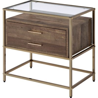 Benjara Accent Table with 2 Drawers and Metal Frame Glass Top, Brown and Gold