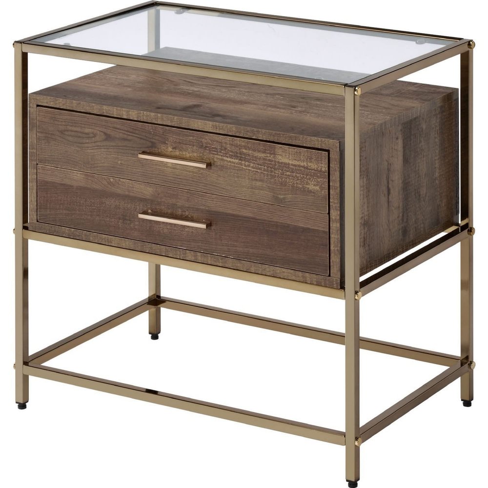 Benjara Accent Table with 2 Drawers and Metal Frame Glass Top, Brown and Gold