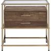 Benjara Accent Table with 2 Drawers and Metal Frame Glass Top, Brown and Gold view 4