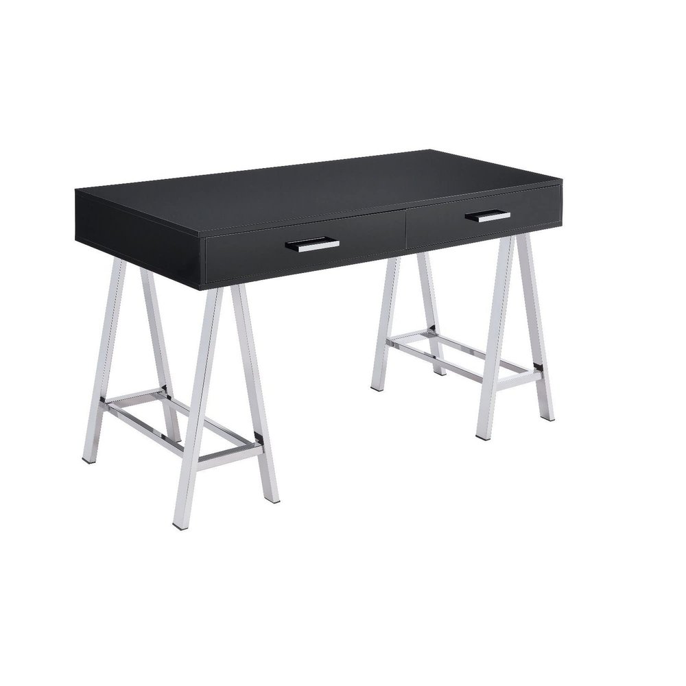 Benjara Writing Desk with MDF 2 Drawers and Metal Legs, Black and Chrome