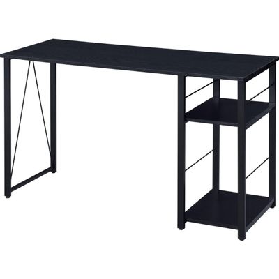 Benjara Writing Desk with 2 Tier Side Shelves and Tubular Metal Legs, Brown and Black