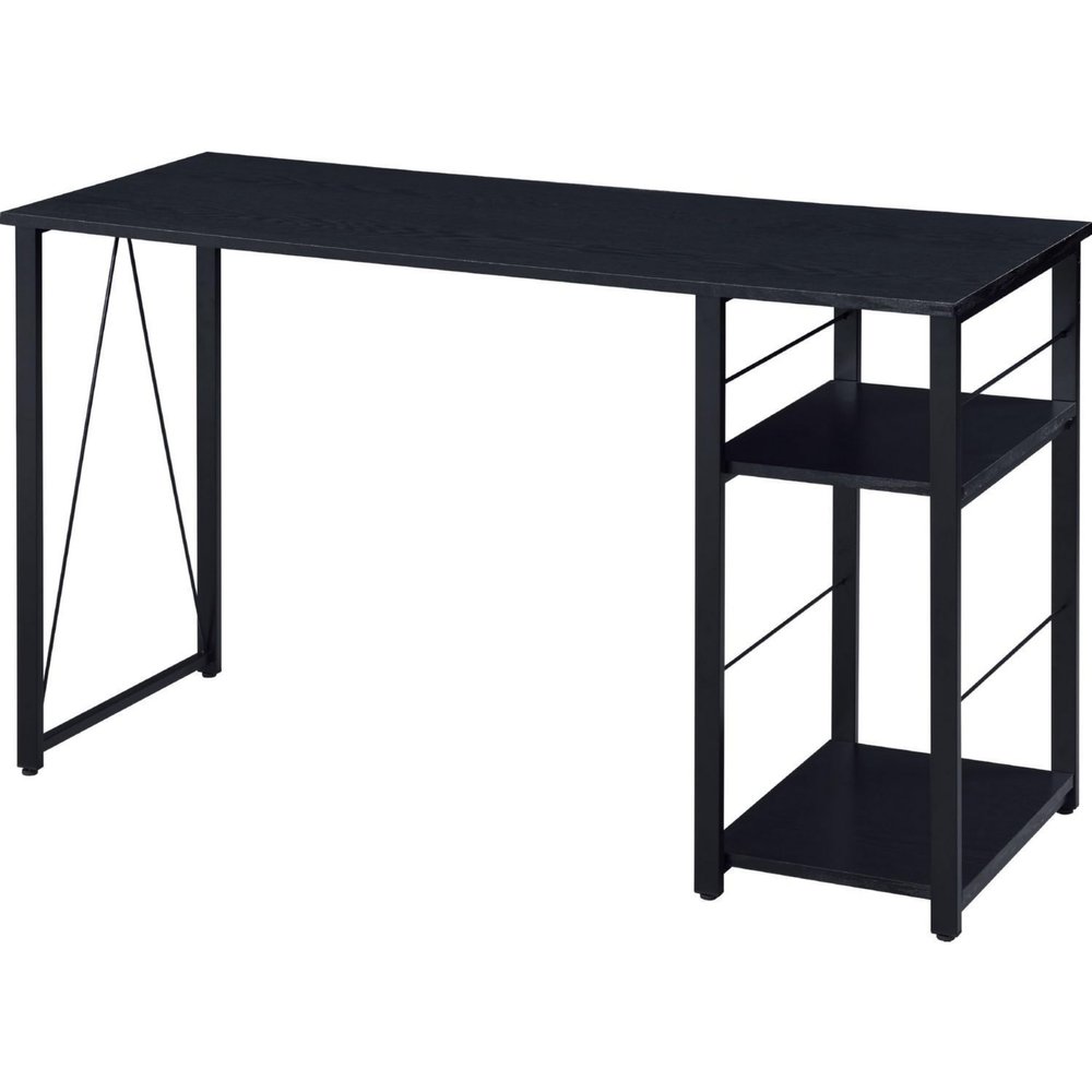 Benjara Writing Desk with 2 Tier Side Shelves and Tubular Metal Legs, Brown and Black