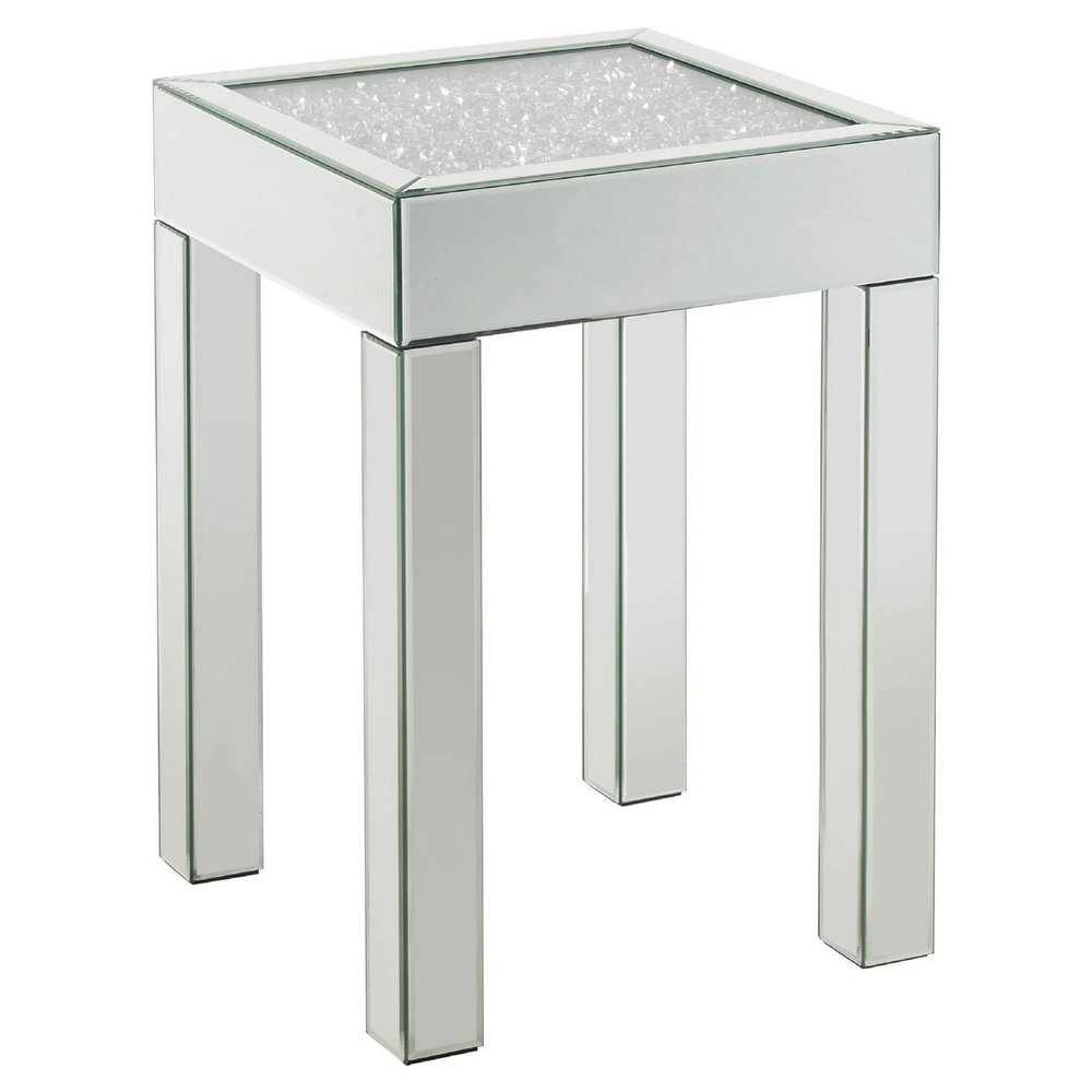 Benjara End Table with Faux Acrylic Diamond Top and Block Legs, Silver