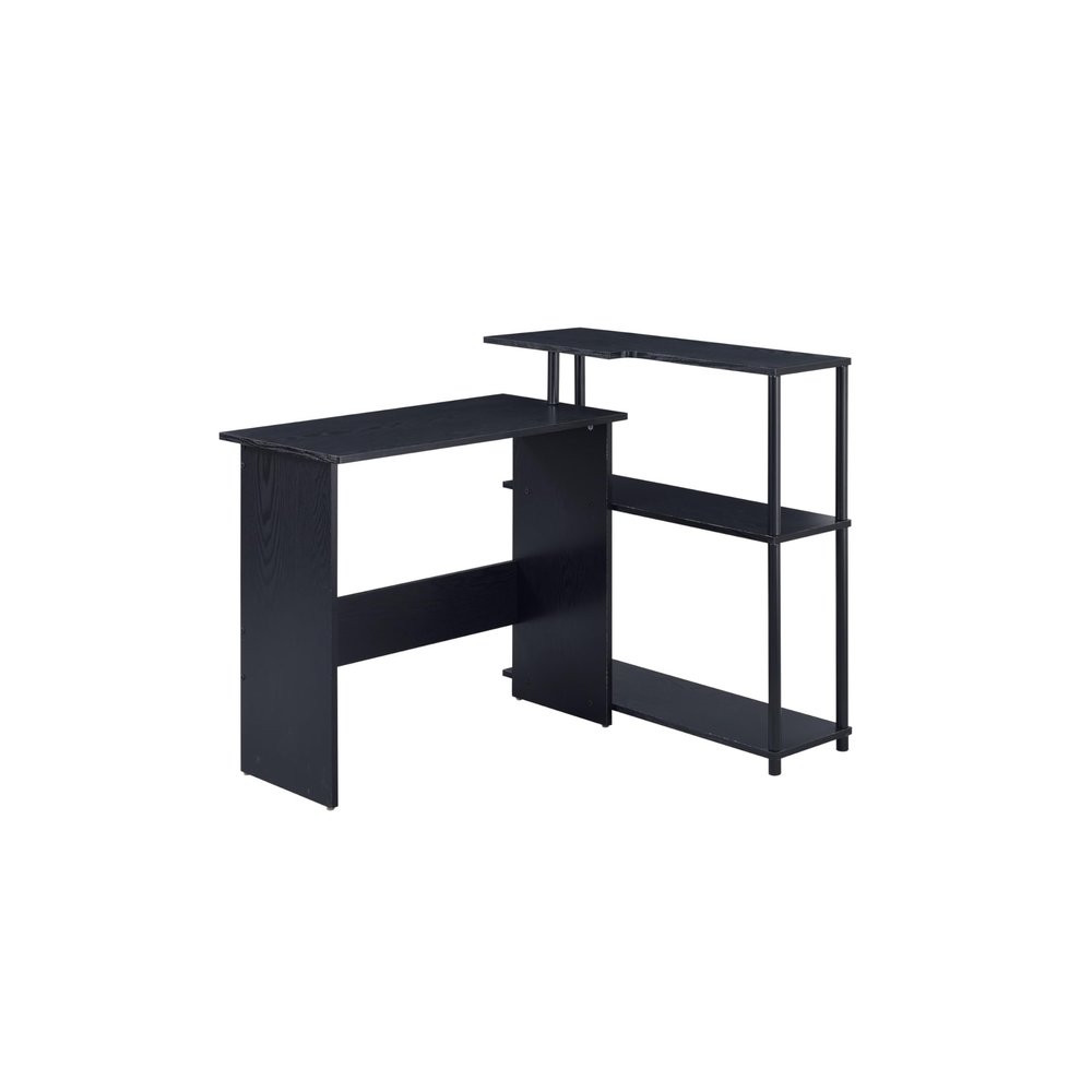 Benjara Writing Desk with L Shaped Design and 3 Tier Wooden Shelves, Black