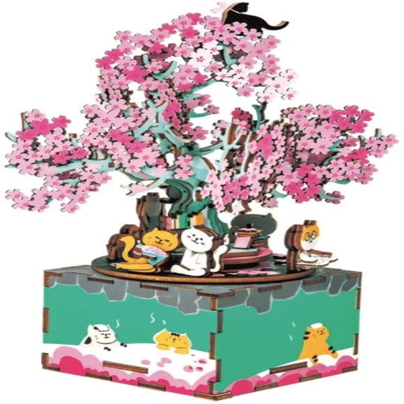 WJFMZS Music Box for Girls, Sakura Tree Under The Rotating DIY Music Box Handmade Stitching Wooden Creative Birthday Gift Music Box Decoration Ornament for Children, Parents