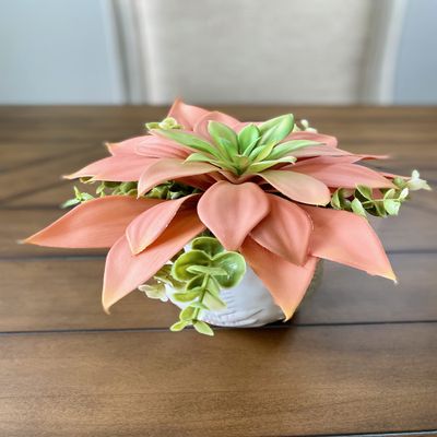 Artificial Peach / Pink and Green Succulent Plant in White Ceramic Vase