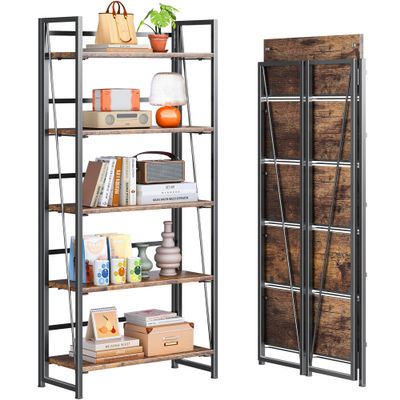 4NM No Assembly Folding Bookshelf, 5-Shelf 62.2" H Collapsible Foldable Bookcase Storage for Small Spaces, Rustic Brown and Black