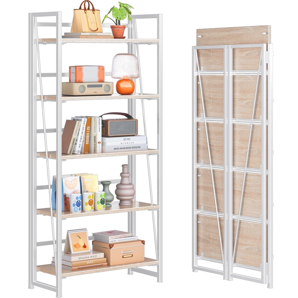 4NM No Assembly Folding Bookshelf, 5-Shelf 62.2" H Collapsible Foldable Bookcase Storage for Small Spaces, Natural White