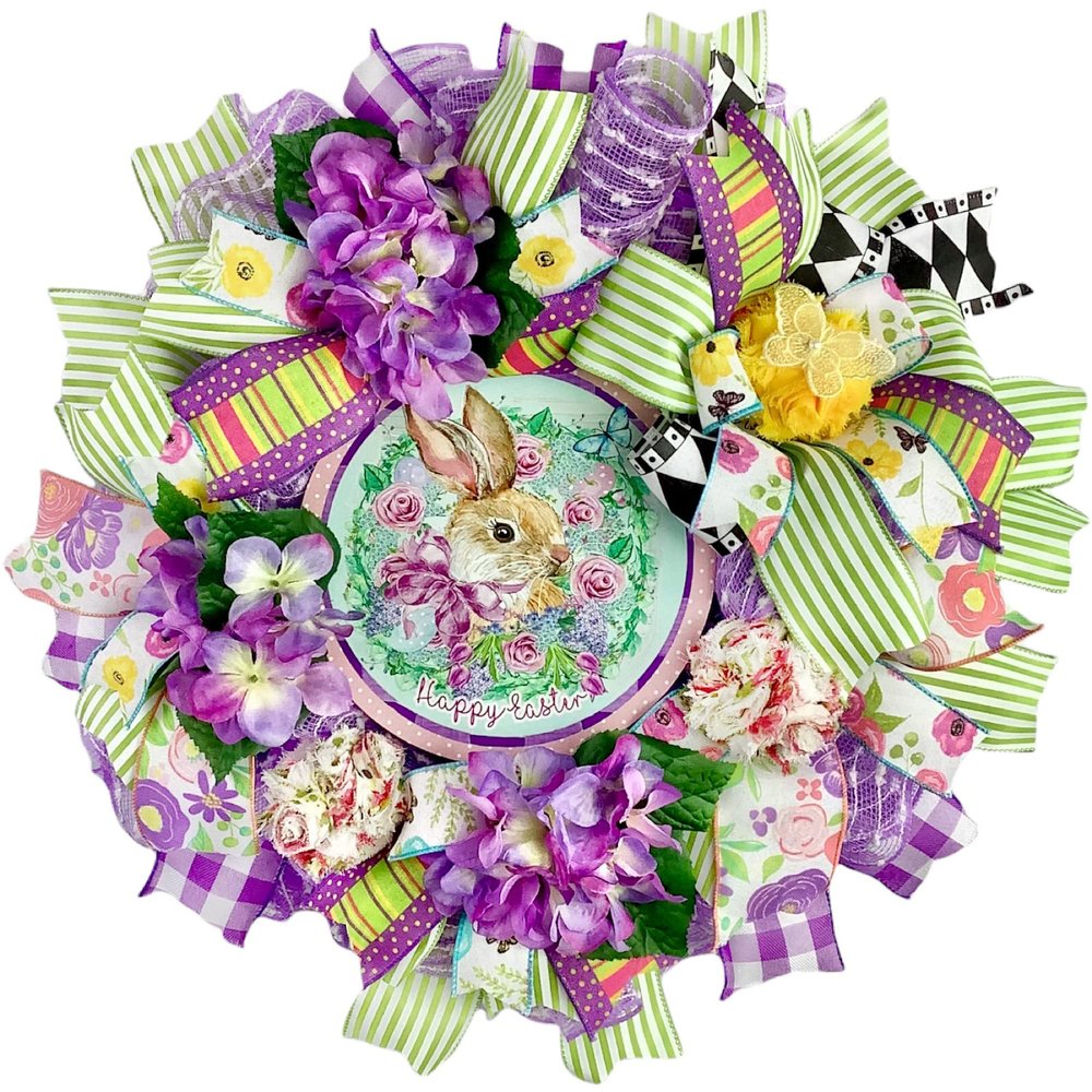 Happy Easter Bunny Spring Wreath with Spring Flower, Handmade Chiffon Flower Easter Eggs and Ornament With Butterfly