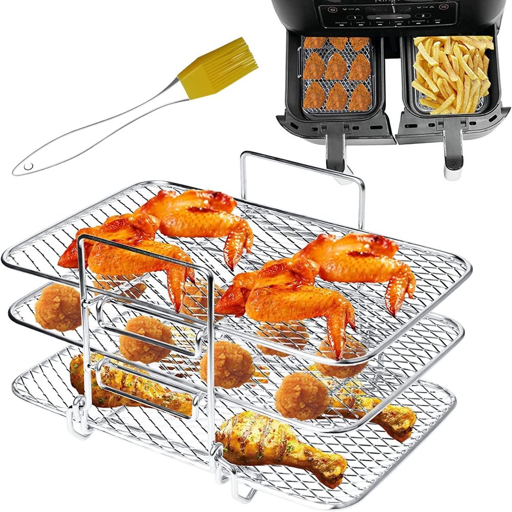 Air Fryer Rack Compatible with Ninja DZ201 DZ401 PowerXL Air Fryer 2-Basket Electric Fryer, Double Basket Air Fryers Rack, 304 Stainless Steel Toast Rack, Multi-Layer Grill Rack, Grill Rack (1 PACK)