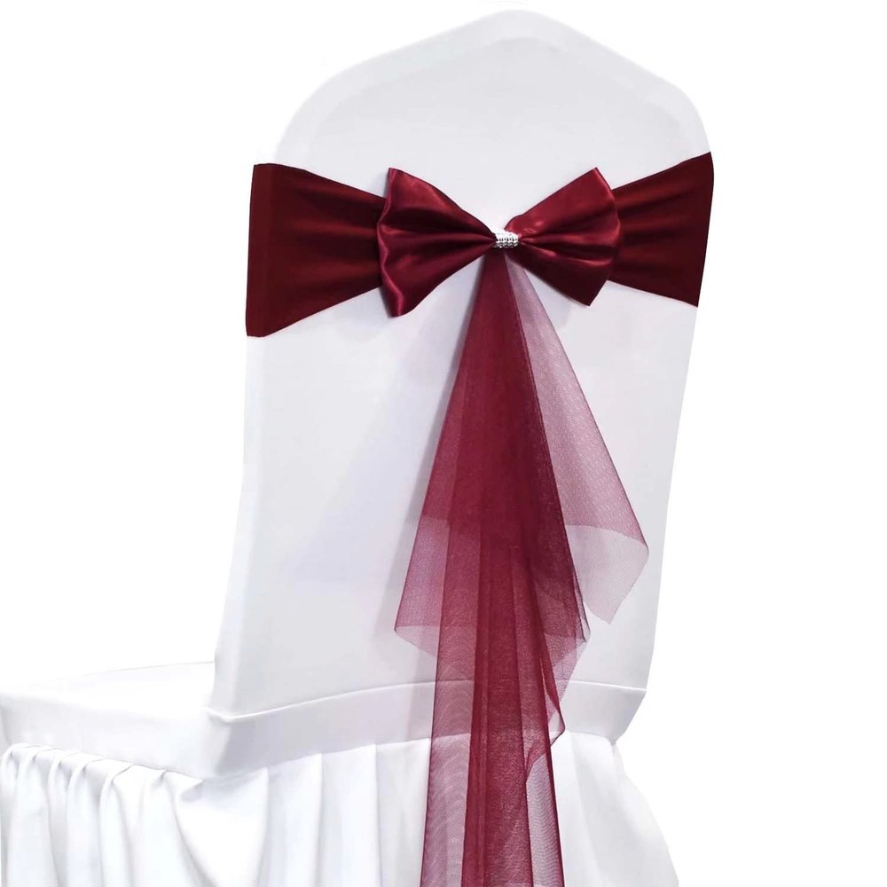 LIZIMI Polyester Stretch Chair Sashes Bands Organza Sash Bows Spandex Bows for Party Birthday Hotel Wedding Banquets Decoration (Burgundy 100 PCS)