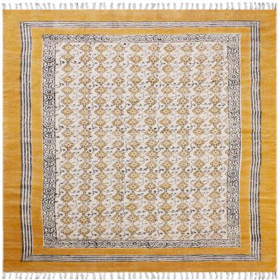 10x16 Flatweave Kilim Rugs for Living Room Thick 0.19" Floral Design Musterd Yellow Handmade Boho Easy Washable Floor Carpet Hand Block Printed Cotton Rugs for Indoor Outdoor Use Bedroom Hall Room