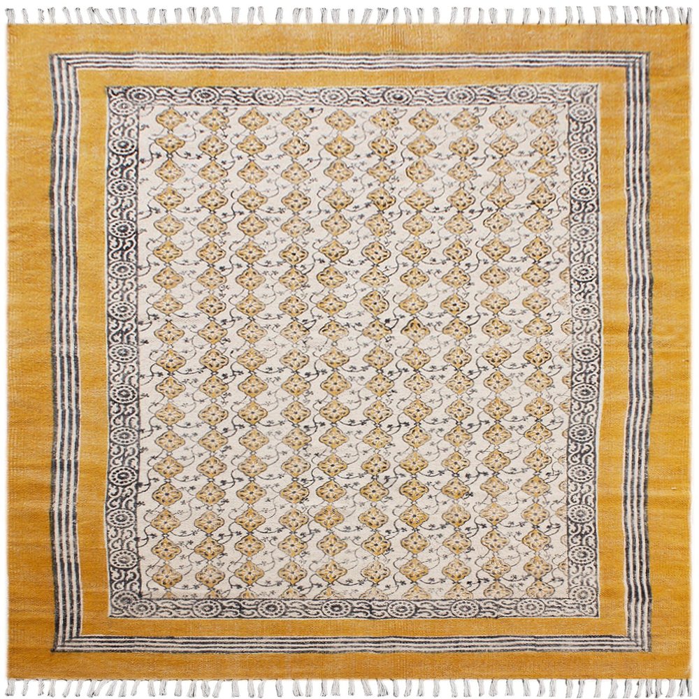 10x16 Flatweave Kilim Rugs for Living Room Thick 0.19" Floral Design Musterd Yellow Handmade Boho Easy Washable Floor Carpet Hand Block Printed Cotton Rugs for Indoor Outdoor Use Bedroom Hall Room