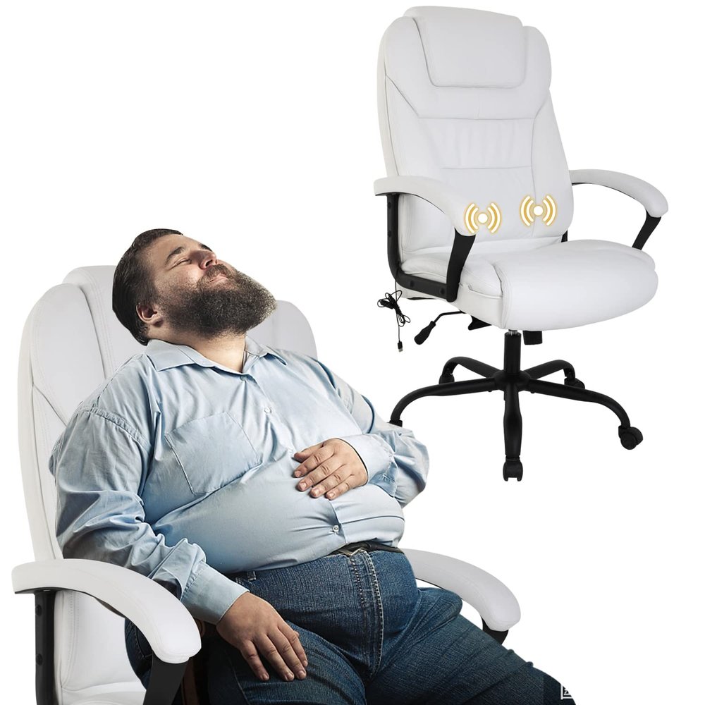 Big and Tall Office Chair for Heavy People 500lbs Pu Leather Computer Chair Massage Desk Chair Ergonomic Swivel Rolling Chair Executive Task Chair W/Lumbar Support Armrest Headrest, White