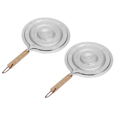 2 Pcs Stainless Steel Heat Diffuser for Gas and Electric Stove - Simmer Ring & Flame Reducer for Even Heat Distribution - Flame Guard Food Warmer Simmer Plate, Slow Cooking, Wooden Handle
