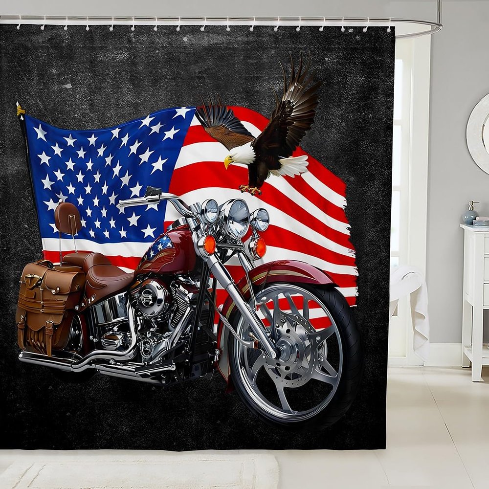 American Flag Shower Curtains,Motorcycle Bathroom Curtains for Kids Teens Adult,Eagle Animal Brown Waterproof Bath Curtains,with 12 Hooks Suits for Bathtub,72" W x 78" L