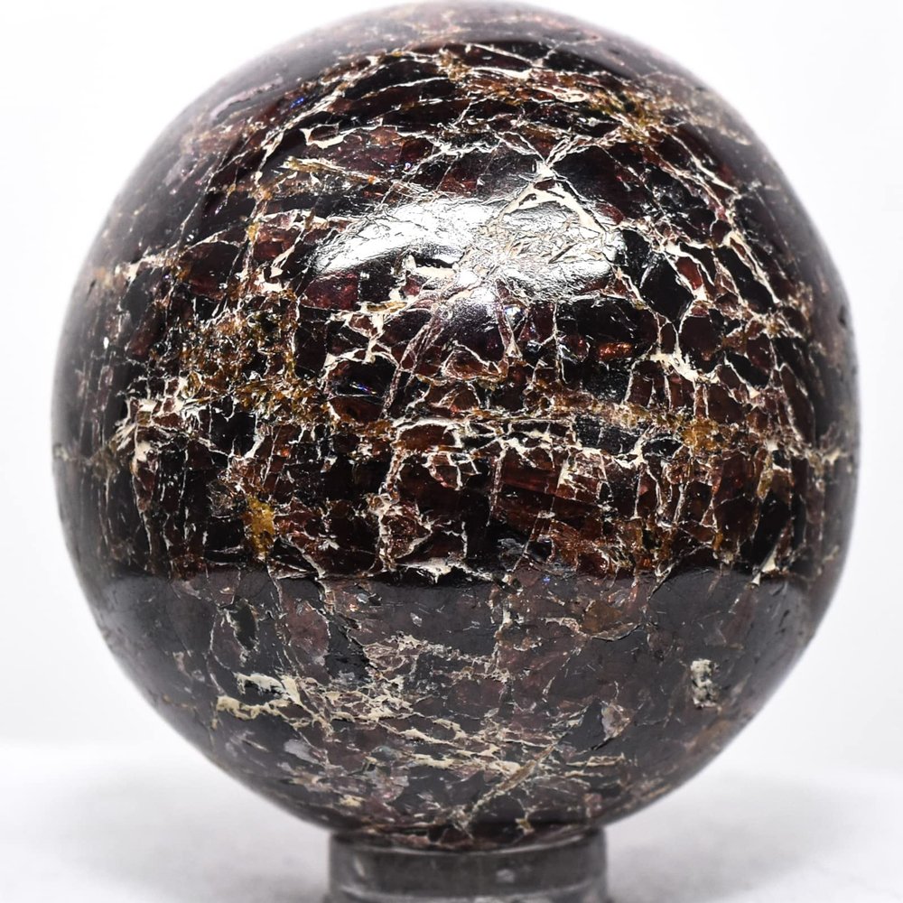 47mm 205g Deep Red w/Orange Garnet Almandine Sphere Polished Natural Sparkling Gemstone Crystal Mineral Ball - India + Stand