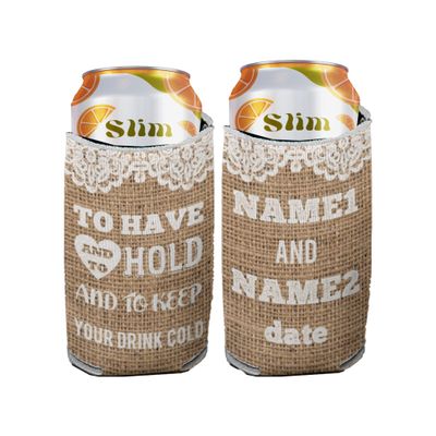 VictoryStore Slim Can Coolers: Custom Rustic Burlap to Have and to Hold Wedding Slim Can Coolers (25)