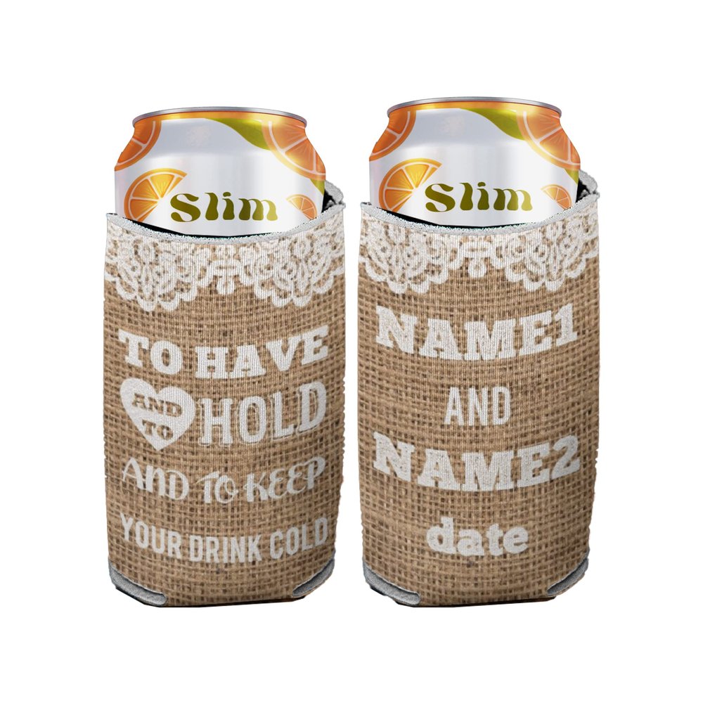 VictoryStore Slim Can Coolers: Custom Rustic Burlap to Have and to Hold Wedding Slim Can Coolers (25)