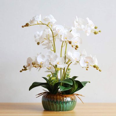 KKNH Simulation Flower Artificial Phalaenopsis Orchid Plant Silk Faux Flower Floral Arrangements with Ceramics Pot for Home Office Party Table Decor Home Kitchen Bedroom (Color : White)