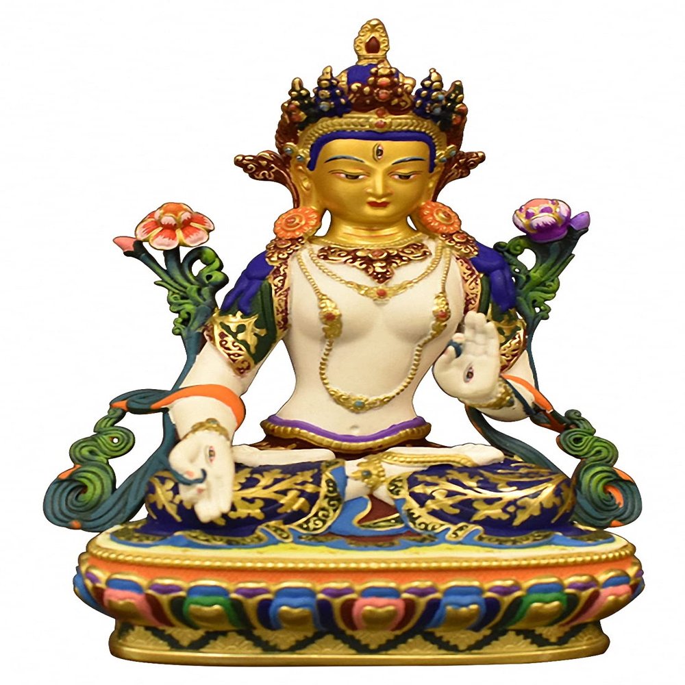 Brass Gold-Plated &Famille Rose Tibetan Buddhism White Tara Goddess Dolma Bodhisattva Statue(7.2" H)