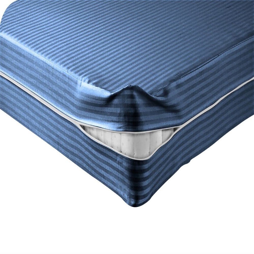 Fabricom 100% Egyptian Cotton Mattress Cover 1000 Thread Counts, Full Size, Zips Around The Mattress 18 Inch Deep Pocket Full Size, Medium Blue Stripe