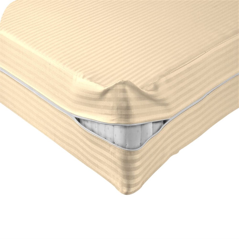 Fabricom 100% Egyptian Cotton Mattress Cover 1000 Thread Counts, Full Size, Zips Around The Mattress 10 Inch Deep Pocket Full Size, Ivory Stripe