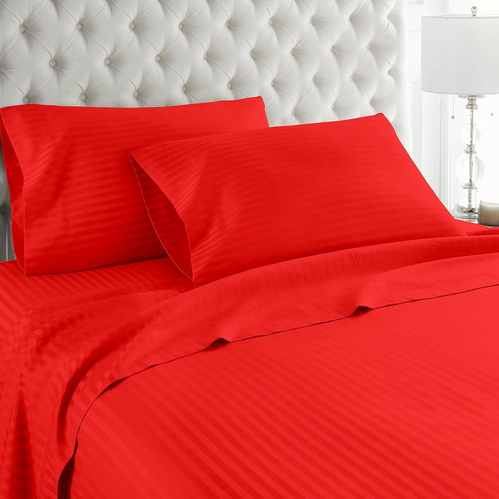 JB Linen 600 Thread Count Breathable, Soft and Premium100% Pima Cotton - Cal-King Size 4 Piece Sheet Set Fit 19" Inch to 21" Inch Deep Pocket Red Stripe.