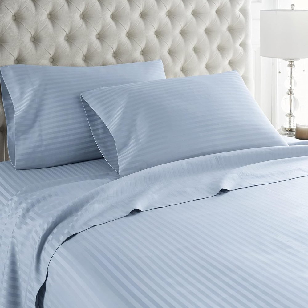 JB Linen 600 Thread Count Extra Soft Cooling Sheets for Hot Sleepers and Night Sweats 100% Egyptian Cotton King Size 4 Piece Sheet Set Fit 22" Inch to 26" Inch Deep Pocket Stripe. Light Blue