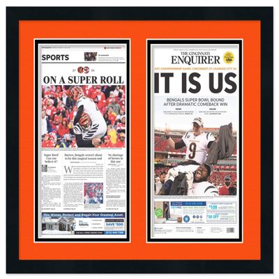 11x21 Newspaper Frame - Black Frame With Orange and Black Acid Free Double Matting Made to Display TWO Entire Newspapers - 11 x 21 Solid Wood Picture Frame Size - UV Acrylic - fits the Cincinnati