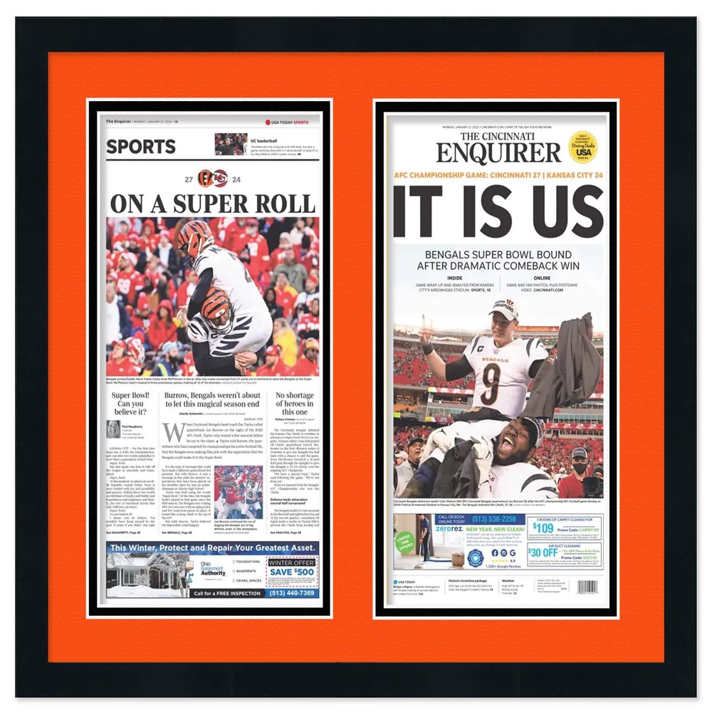 11x21 Newspaper Frame - Black Frame With Orange and Black Acid Free Double Matting Made to Display TWO Entire Newspapers - 11 x 21 Solid Wood Picture Frame Size - UV Acrylic - fits the Cincinnati