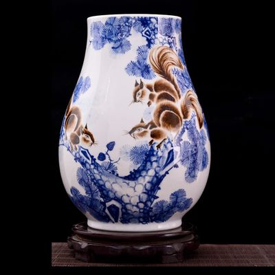 Jingdezhen Ceramic Master Hand-Painted Vase Flower Arrangement Living Room Home Decoration Vestibule Handicraft Ornaments with Wooden Base