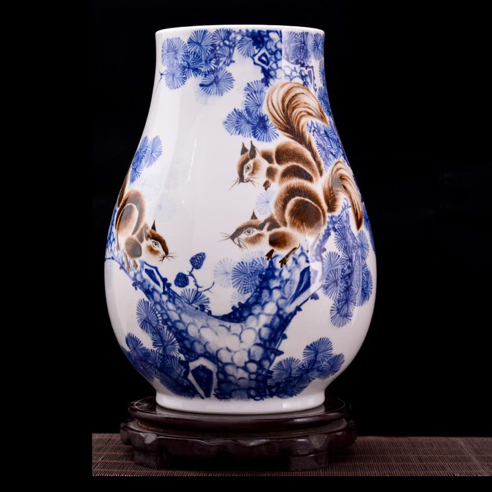 Jingdezhen Ceramic Master Hand-Painted Vase Flower Arrangement Living Room Home Decoration Vestibule Handicraft Ornaments with Wooden Base