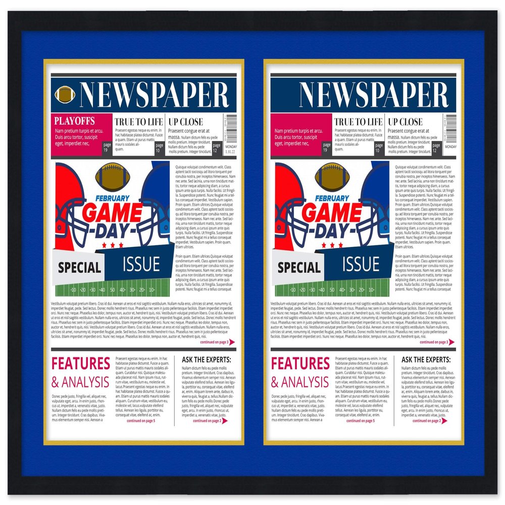 11x22.5 Newspaper Frame- Black Frame With Blue and Gold Acid Free Double Matting Made to Display TWO Entire Newspapers - 11x22.5 Solid Wood Picture Frame Size-UV Acrylic-fits the LA Times or Art
