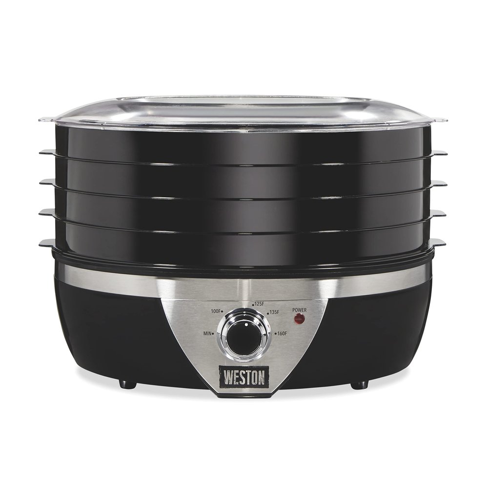 Weston Food Dehydrator Machine for Jerky, Fruit, Meat, Herbs, Vegetables, with Temperature Control (100-160F), 4 Stackable Trays (3 Sq. Ft.), Black & Stainless Steel Accents (75-0640-W)