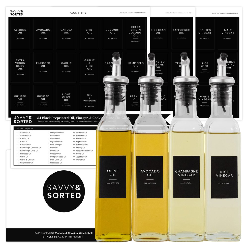 Black Oil Bottle Labels, 54 Preprinted Pantry Stickers for Oils and Vinegar Dispenser Glass Bottles, Condiment Jars, Waterproof Removable, Kitchen Organization