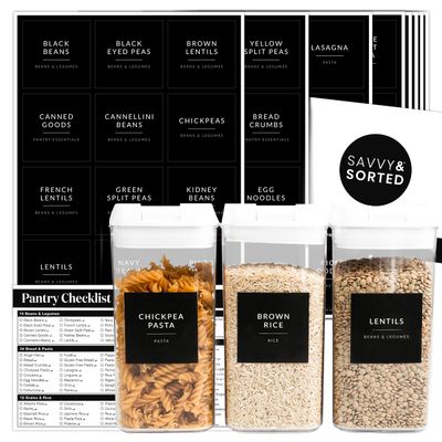 SAVVY & SORTED Black Labels for Containers, 180 Kitchen Labels for Food Storage Container, Pantry Labels for Food Storage, Organize Pantry Essentials Canister Label