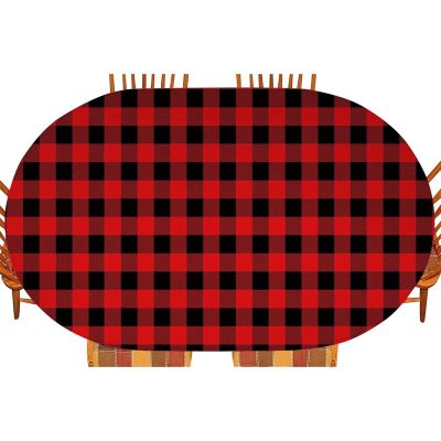 Atury Black Red Checkered Plaid Fitted Tablecloth Oval 48" X 68" Elastic Edge Table Cover, Windproof and Wrinkle-Proof Table Cloths Indoor Restaurant Outdoor Terrace Dining Table Decoration