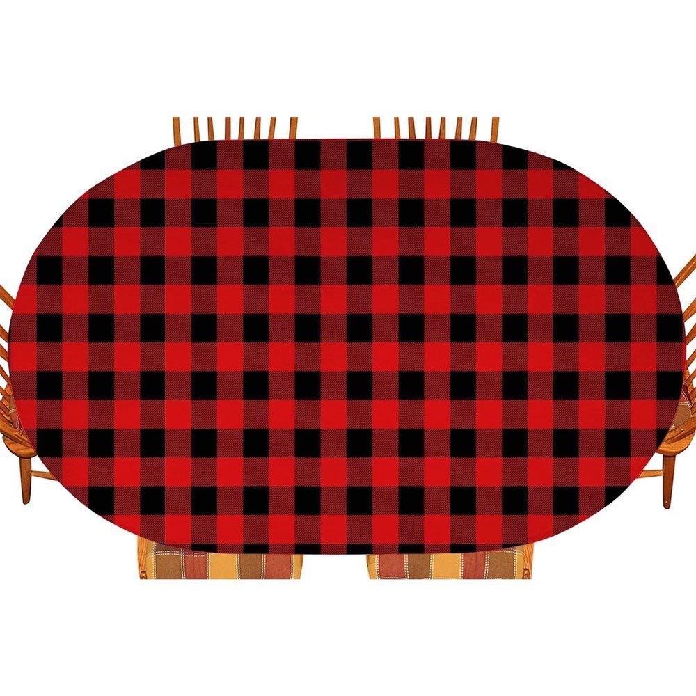 Atury Black Red Checkered Plaid Fitted Tablecloth Oval 48" X 68" Elastic Edge Table Cover, Windproof and Wrinkle-Proof Table Cloths Indoor Restaurant Outdoor Terrace Dining Table Decoration