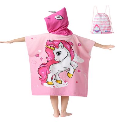Athaelay Soft Swim Cover-ups for Age 3 to 8 Years Kids Big Girls' Pink Unicorn Hooded Bath Beach Poncho Towel