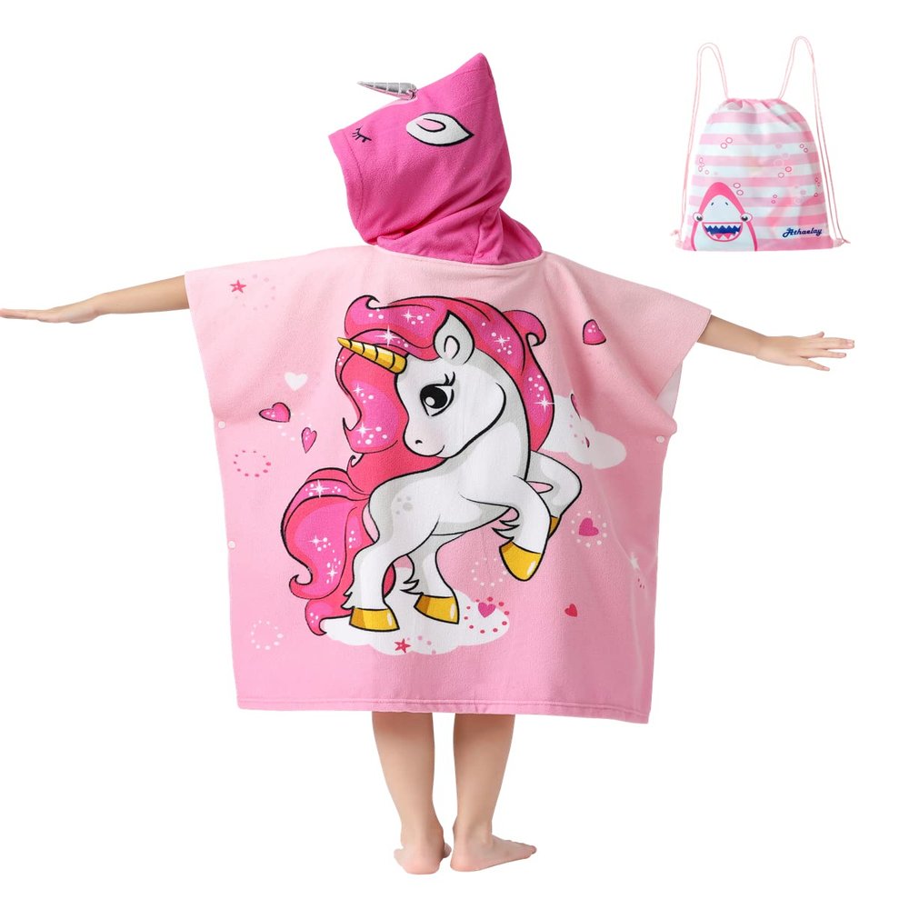 Athaelay Soft Swim Cover-ups for Age 3 to 8 Years Kids Big Girls' Pink Unicorn Hooded Bath Beach Poncho Towel