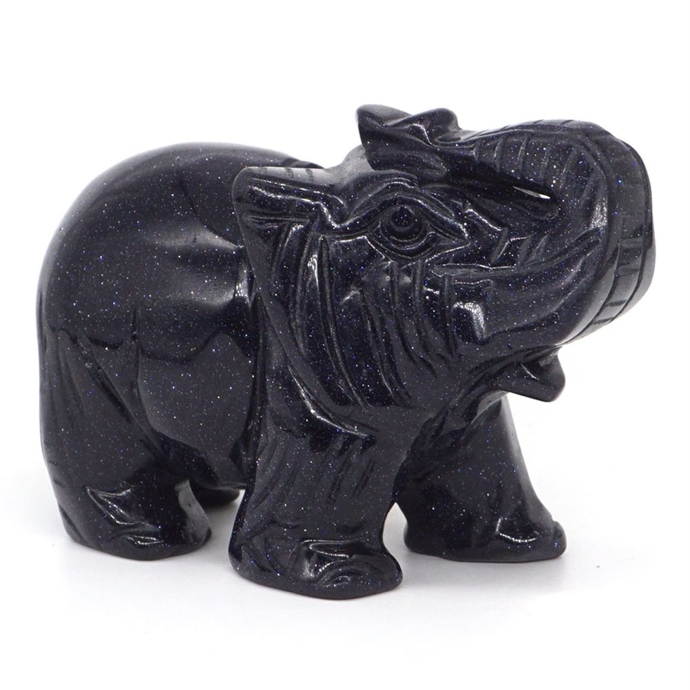 CAREG 4" Elephant Statue Blue Goldstone Sand Crystal Carved Reiki Healing Quartz Stone Animal Figurine Crafts Home Decoration