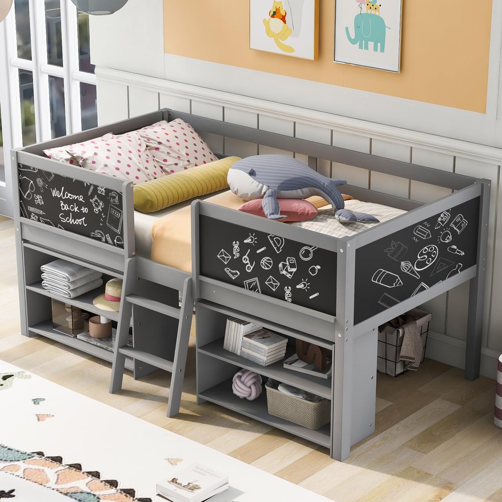 Polibi Twin Size Low Loft Bed with Movable Shelves & Ladder, Solid Wood Bed with Decorative Guardrail Chalkboard Grey