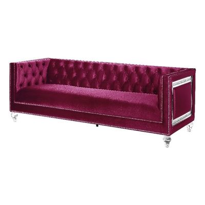 Acme Heibero Velvet Tufted Sofa with 2 Pillows in Burgundy
