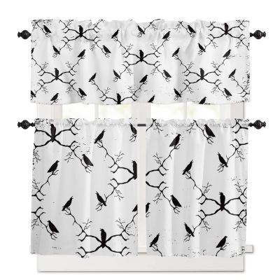 3 Pieces Kitchen Curtains & Valances Set, Halloween Crow Branches, Short Curtain Rod Pocket Window Curtain, Black White, Window Treatment Tiers Valances (Single Panel 54"x18",2 Tiers 27.5"x24")
