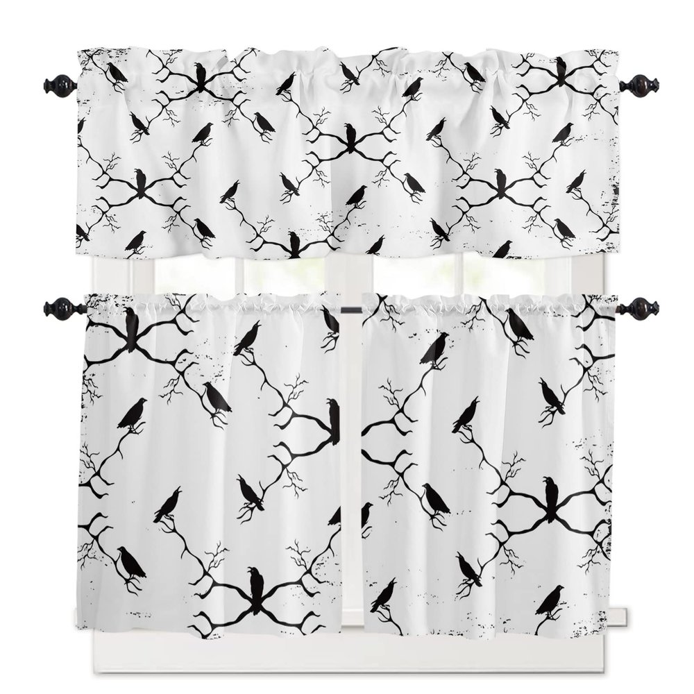 3 Pieces Kitchen Curtains & Valances Set, Halloween Crow Branches, Short Curtain Rod Pocket Window Curtain, Black White, Window Treatment Tiers Valances (Single Panel 54"x18",2 Tiers 27.5"x24")