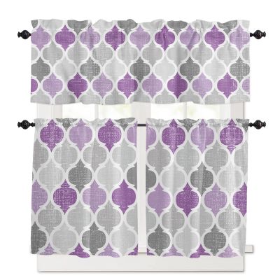 3 Pieces Kitchen Curtains&Valances Set,Ombre Lavender Grey Texture,Short Curtain Rod Pocket Window Curtain,Geometric Moroccan,Window Treatment Tiers Valances (Single Panel 54"x18",2 Tiers 27.5"x36")