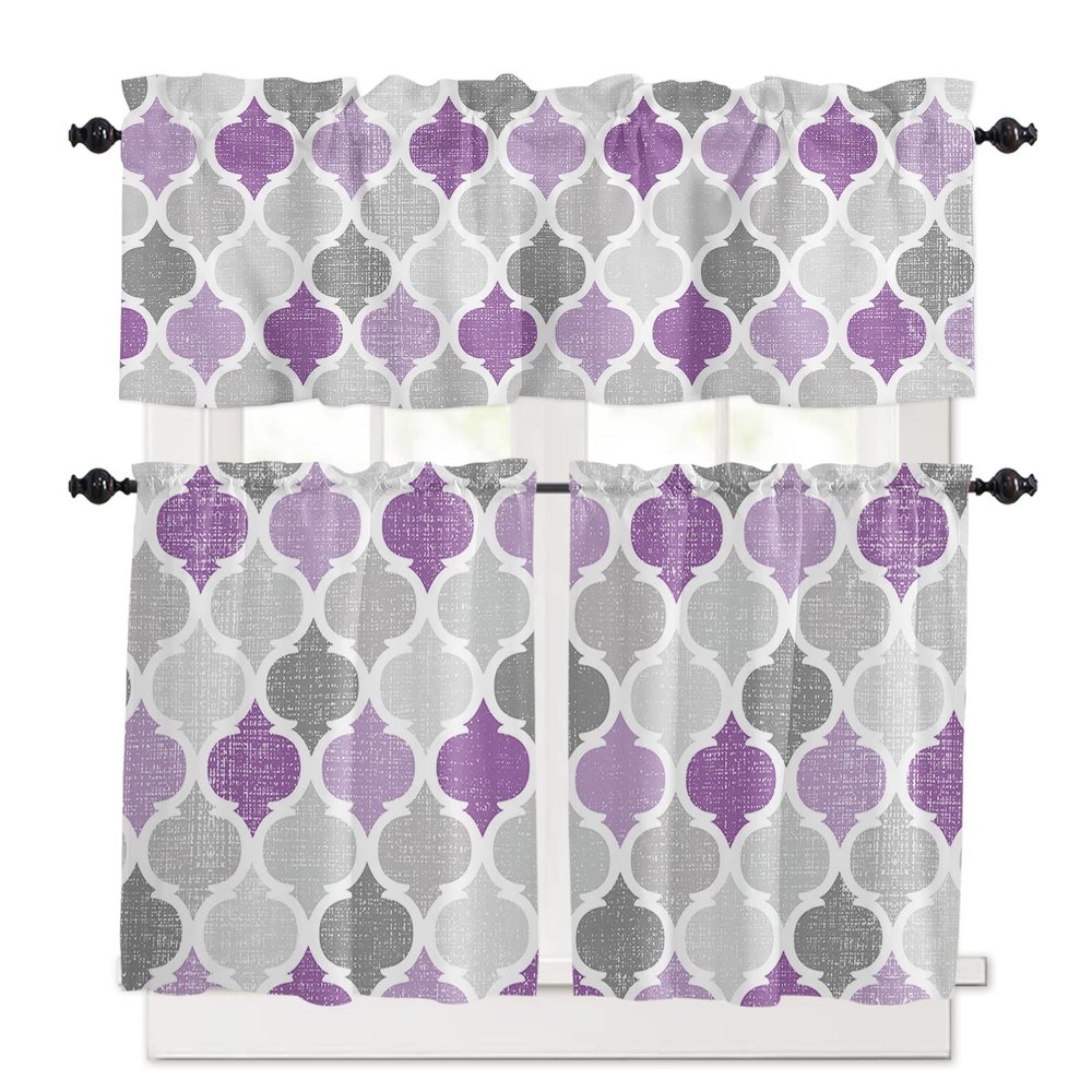 3 Pieces Kitchen Curtains&Valances Set,Ombre Lavender Grey Texture,Short Curtain Rod Pocket Window Curtain,Geometric Moroccan,Window Treatment Tiers Valances (Single Panel 54"x18",2 Tiers 27.5"x36")