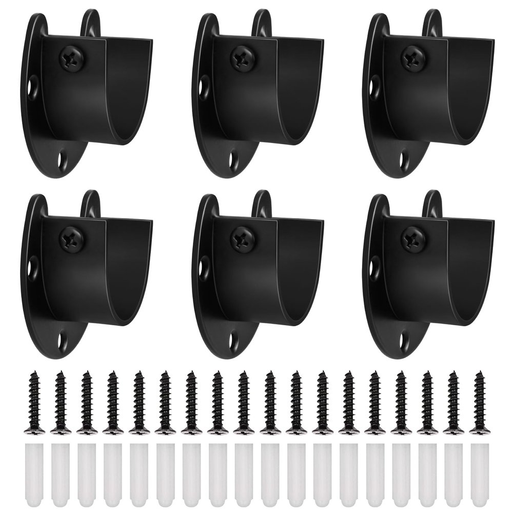 6 Pack Closet Rod Bracket, 1-1/4 Closet Rod Holders Pole Sockets, Stainless Steel Support Shower Rod Holder Wardrobe, Black