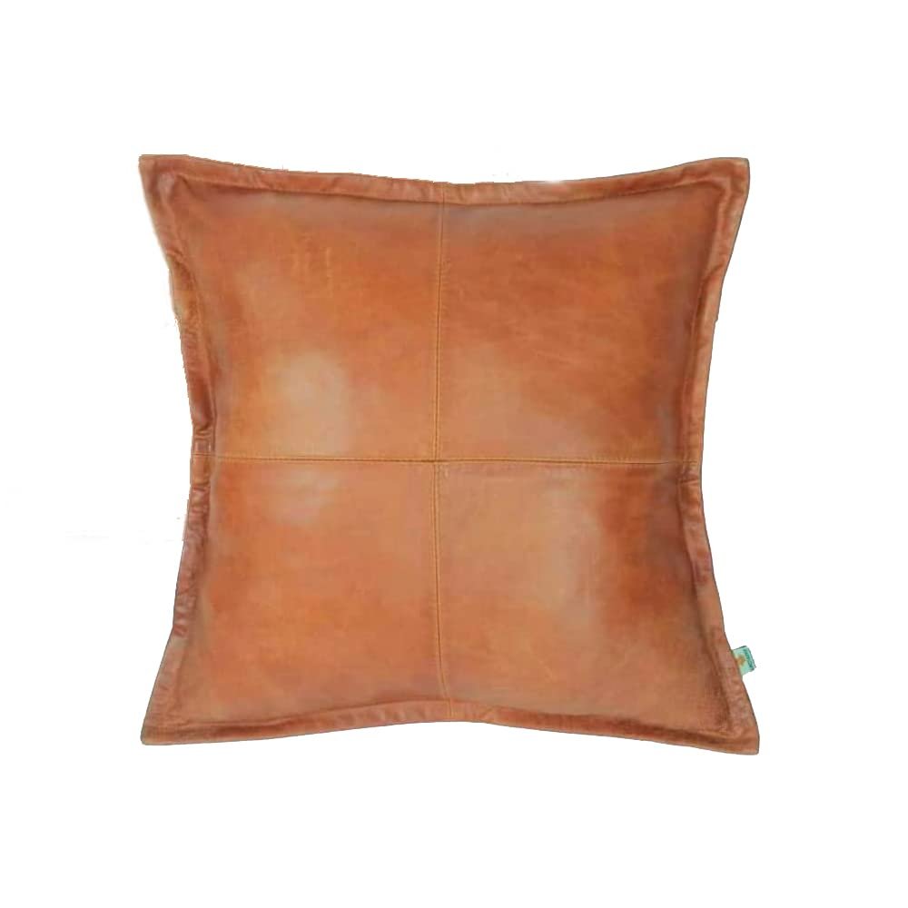 Azrah Traders Lambskin Leather Pillow Cover - Sofa Cushion Case - Decorative Throw Covers for Living Room & Bedroom, 18x18 Inches - Gold Beige Box Pack of 1